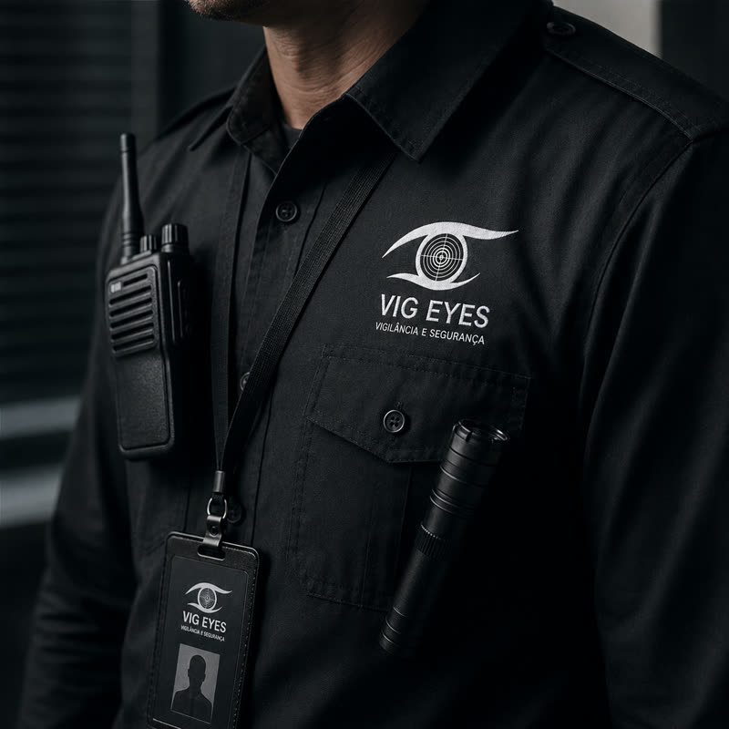 Detalhe do uniforme da Vig Eyes com crachá, rádio comunicador e lanterna.
