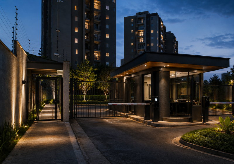 Entrada de condomínio residencial com portaria e controle de acesso ao anoitecer.
