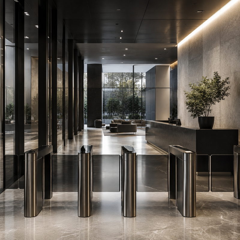 Lobby corporativo com catracas de controle de acesso e balcão de recepção.