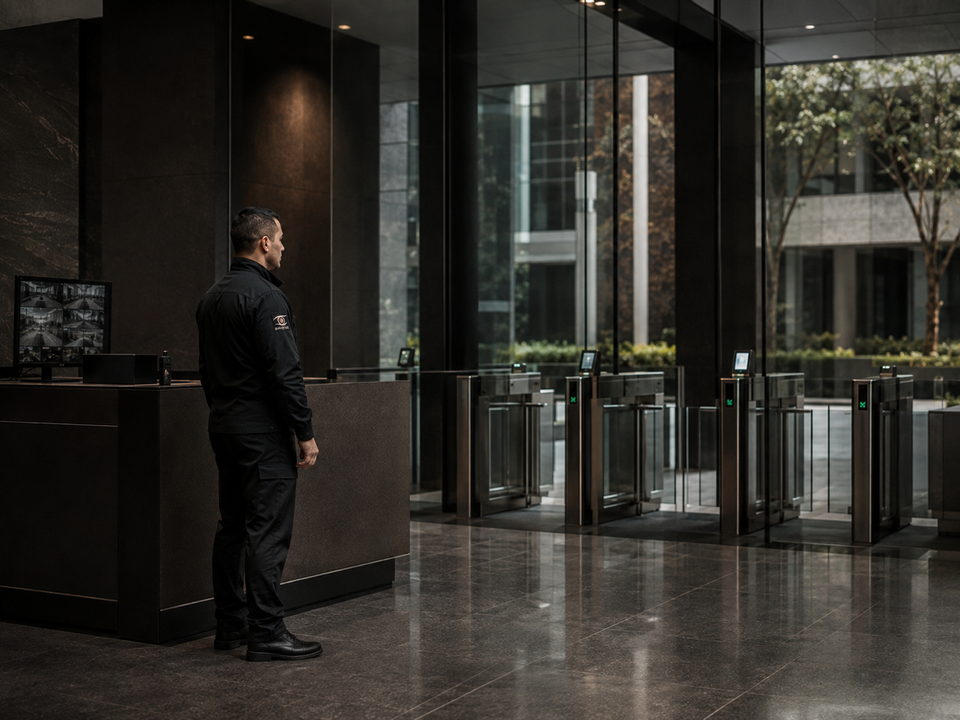 Profissional da Vig Eyes acompanhando uma área de acesso controlado em ambiente corporativo.