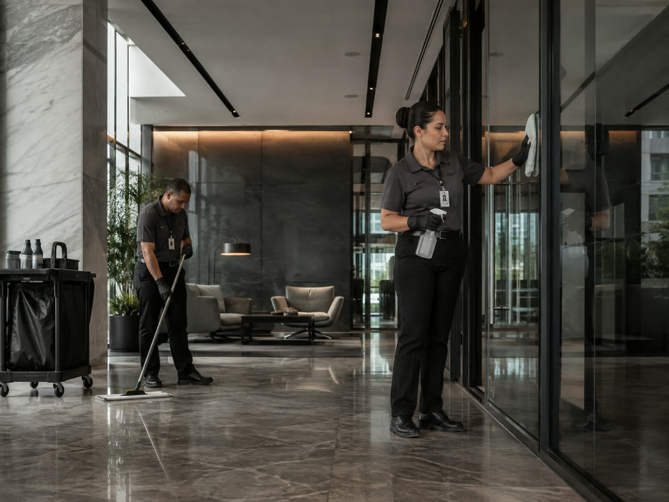 Equipe da Vig Eyes realizando limpeza e conservação em um hall corporativo.