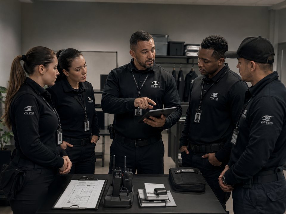 Supervisor da Vig Eyes orientando a equipe durante um briefing de implantação operacional.