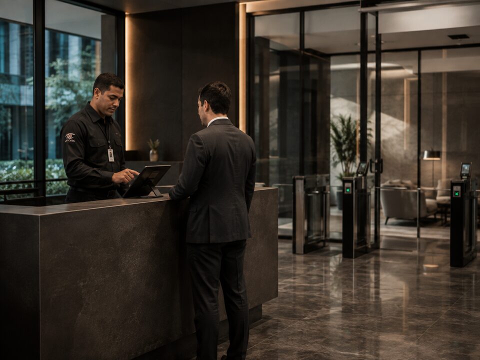 Porteiro da Vig Eyes registrando a entrada de um visitante no balcão de recepção de um edifício corporativo.